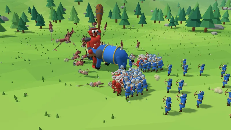 Googly Legions: a red giant and a blue hornbeast fighting among ragdoll soldiers