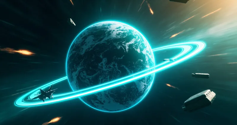 A blue ocean planet ringed by a glowing cyan defense ring, meteors approaching