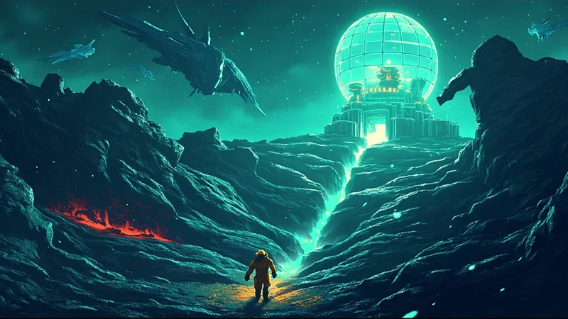 RIFTWARDEN miner approaching a glowing dome on an alien planet