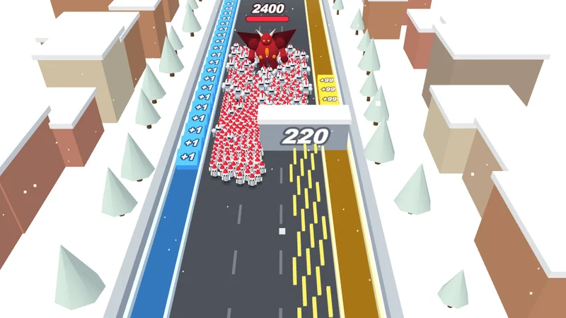 Snowline Squad: a squad of soldiers shooting a numbered snow wall with a horde of red-hatted skeletons and a demon boss behind it
