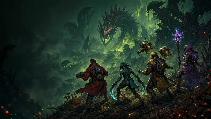 Four WILDBLIGHT hunters overlooking a botanical alien world